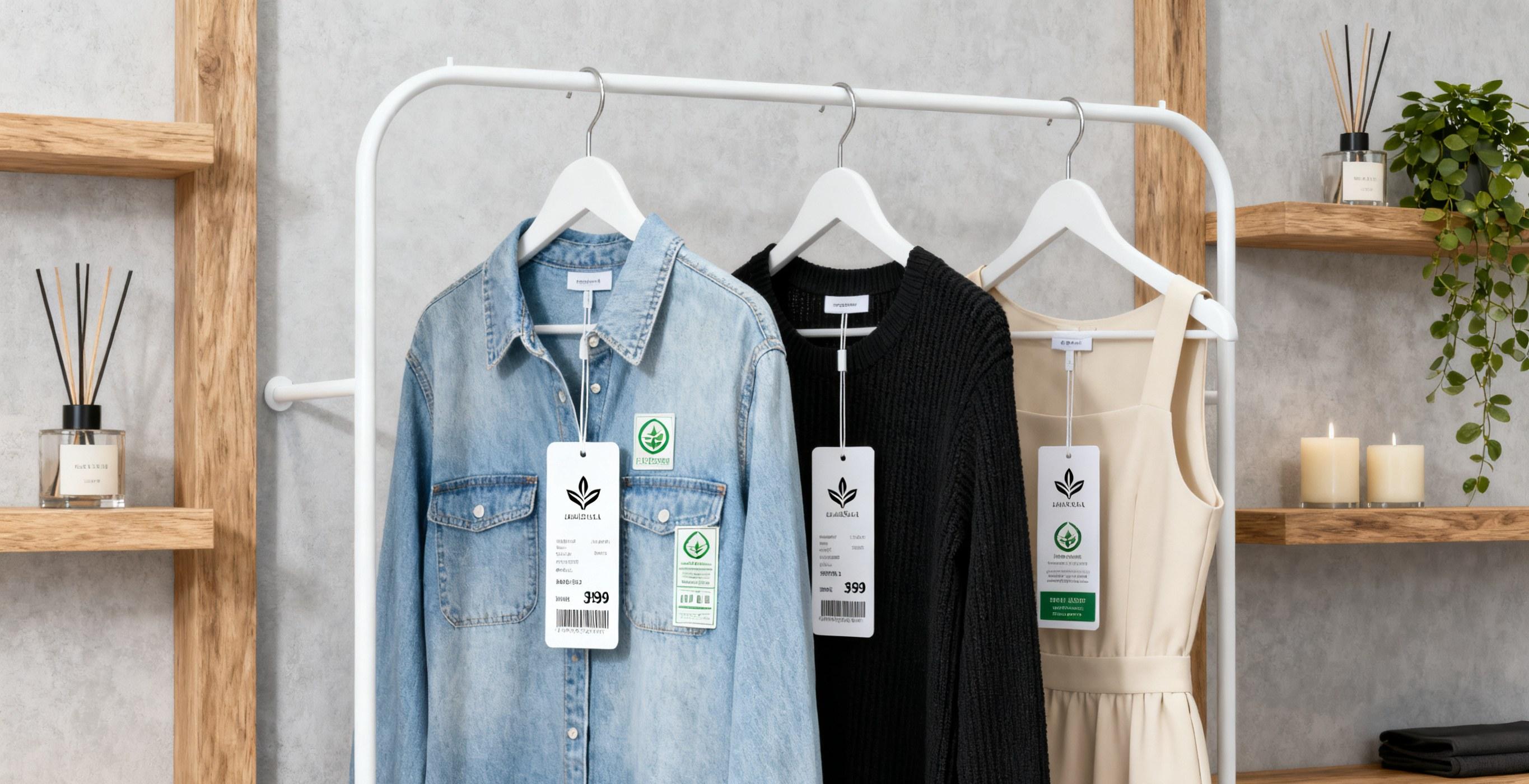 Modern clothing display with hanging tags for retail